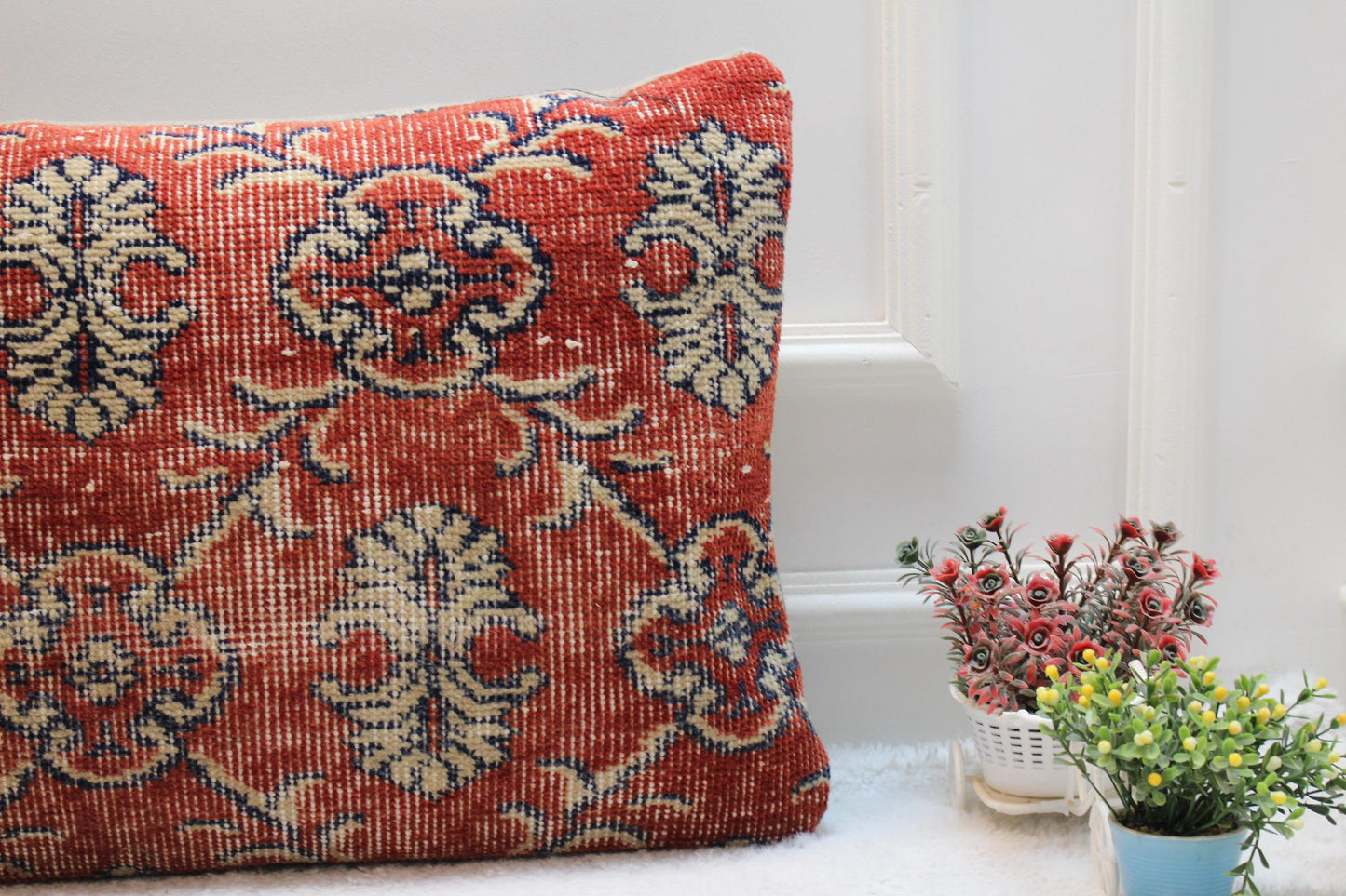 Floral Turkish Rug Lumbar Pillow Cover: Handmade Upcycled Kilim, 16x32 in