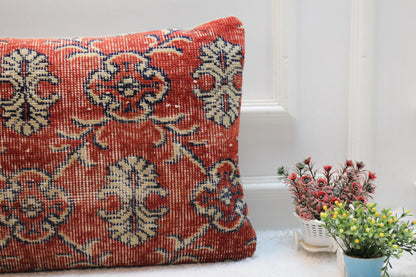 Floral Turkish Rug Lumbar Pillow Cover: Handmade Upcycled Kilim, 16x32 in