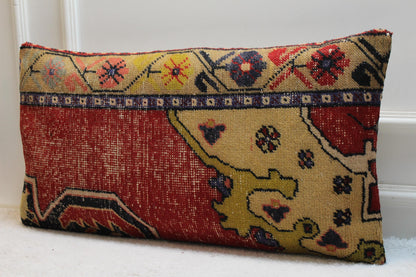 Handmade Red Turkish Rug Lumbar Pillow Cover: Boho Home Decor (16x32 in)
