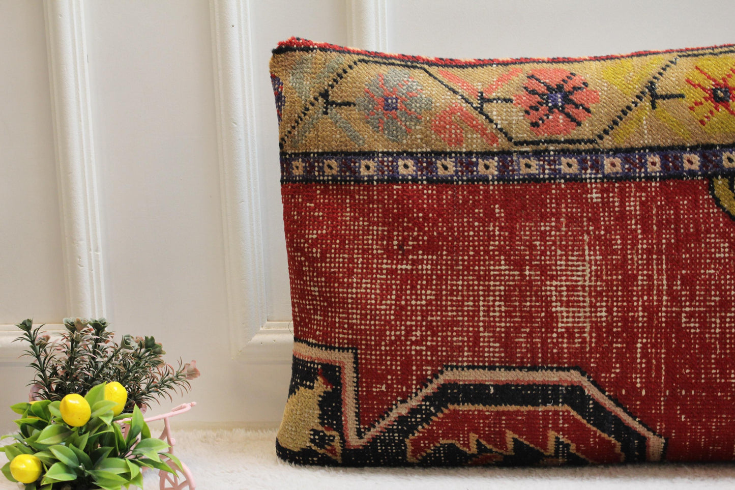 Handmade Red Turkish Rug Lumbar Pillow Cover: Boho Home Decor (16x32 in)