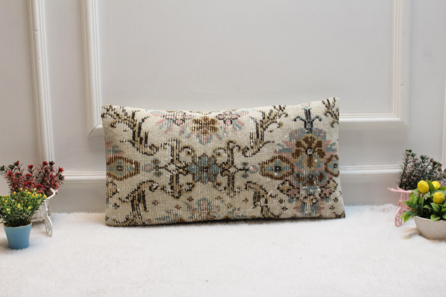 Handmade Turkish Kilim Lumbar Pillow: Soft Pastel Rustic Accent (12x24 inch)