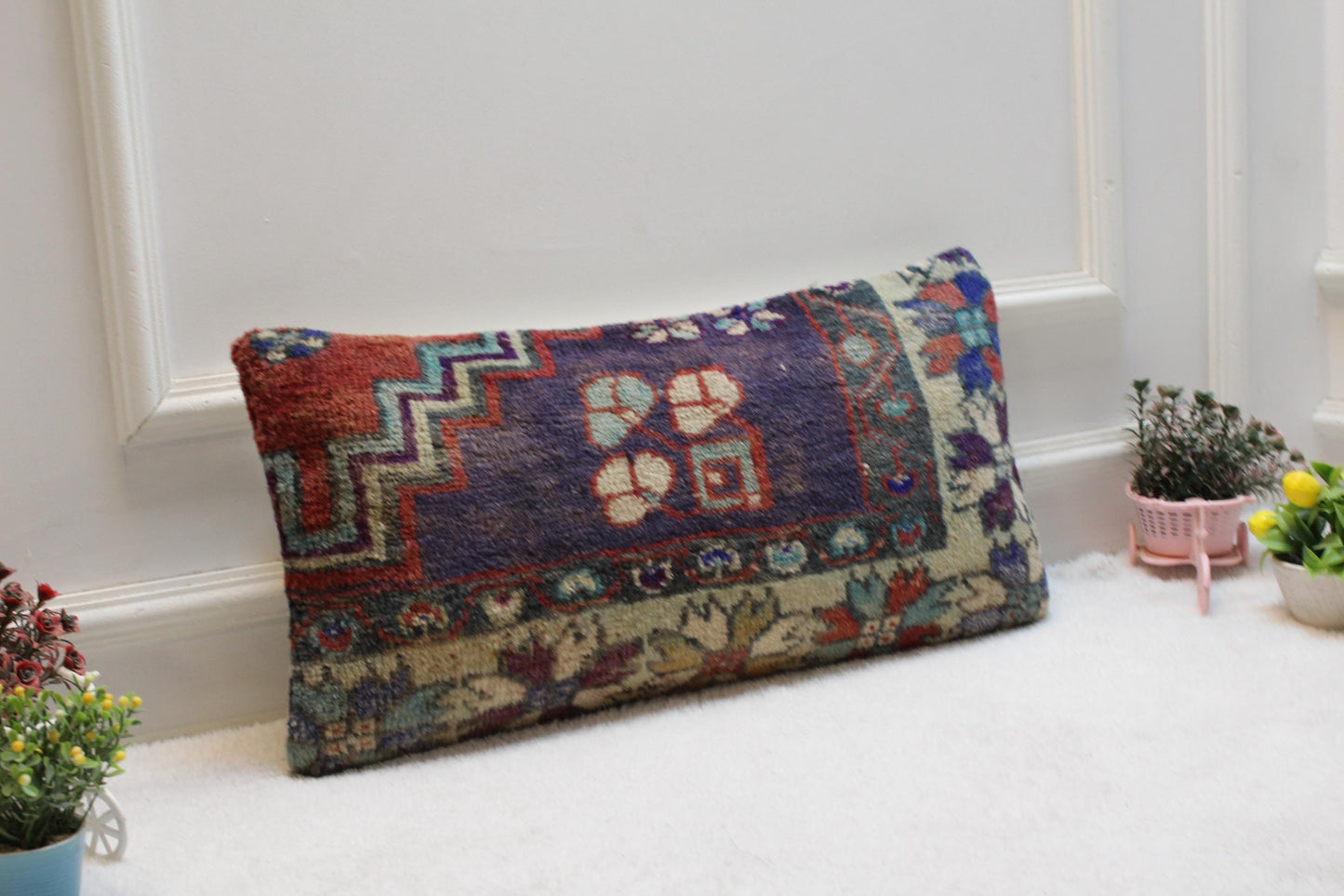 Vintage Turkish Kilim Lumbar Pillow Cover: Boho Wool Cushion (12x24)