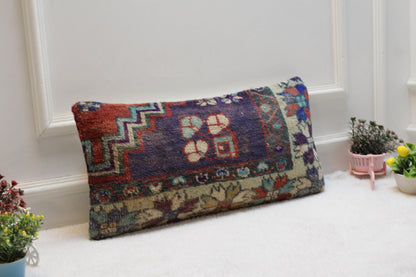 Vintage Turkish Kilim Lumbar Pillow Cover: Boho Wool Cushion (12x24)