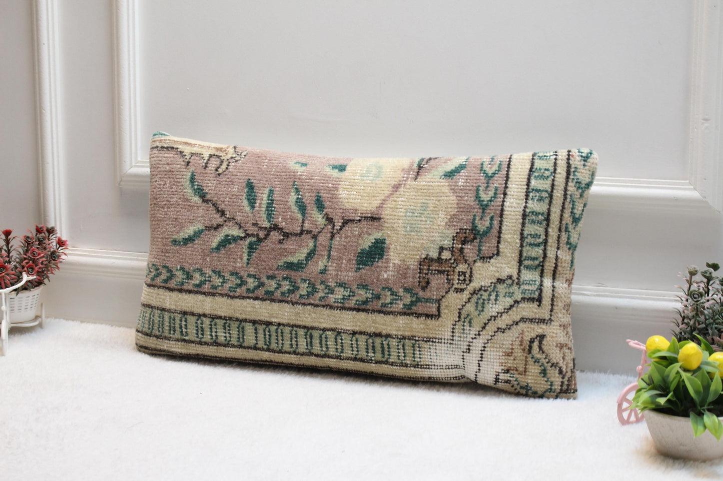 Turkish Kilim Lumbar Pillow: Vintage Floral Rug Cushion (12x24 inch)