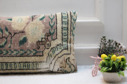Turkish Kilim Lumbar Pillow: Vintage Floral Rug Cushion (12x24 inch)