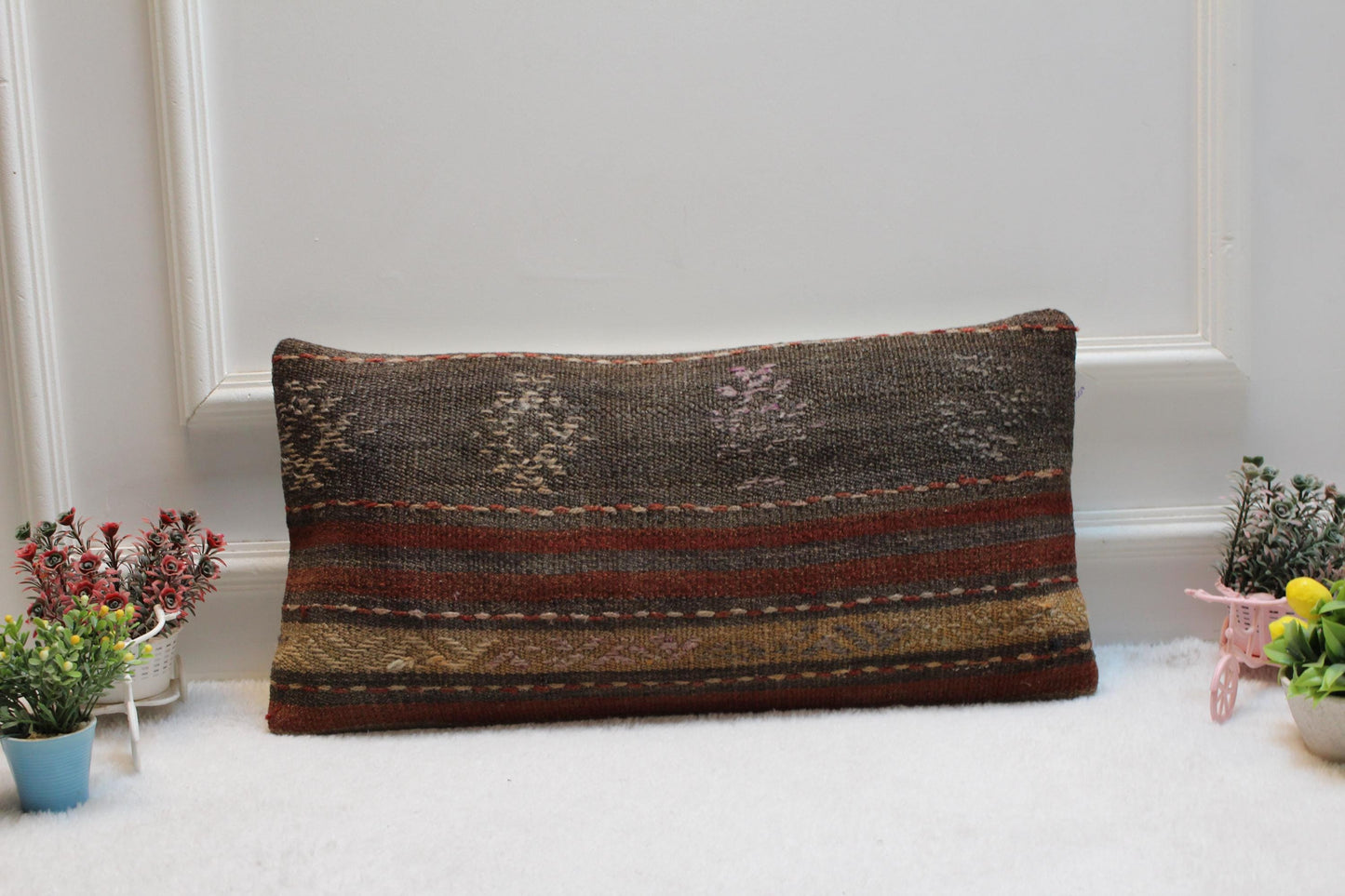 Handmade Kilim Lumbar Pillow Cover: Bohemian Woven Wool, 12x24 inch