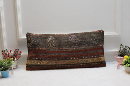 Handmade Kilim Lumbar Pillow Cover: Bohemian Woven Wool, 12x24 inch