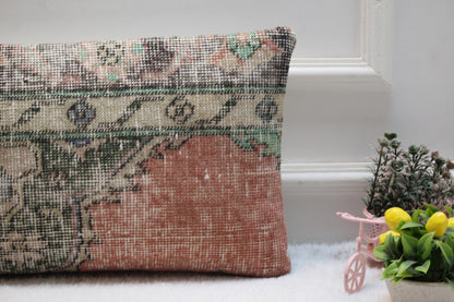 Handmade Kilim Lumbar Pillow Cover: Earth Tone Floral Rug Cushion (12x24)
