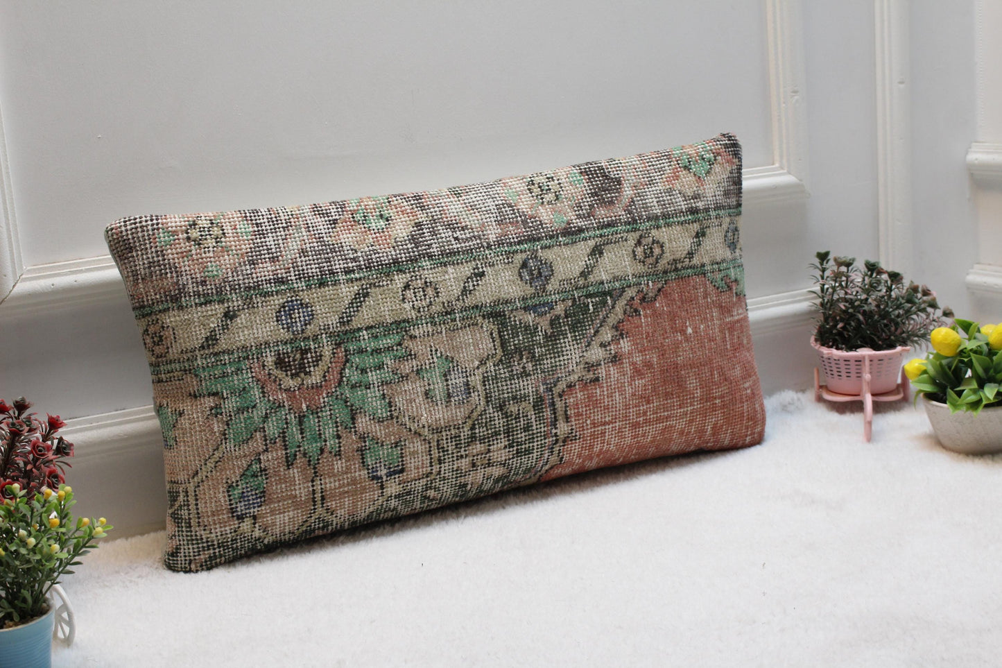Handmade Kilim Lumbar Pillow Cover: Earth Tone Floral Rug Cushion (12x24)