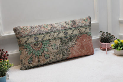 Handmade Kilim Lumbar Pillow Cover: Earth Tone Floral Rug Cushion (12x24)