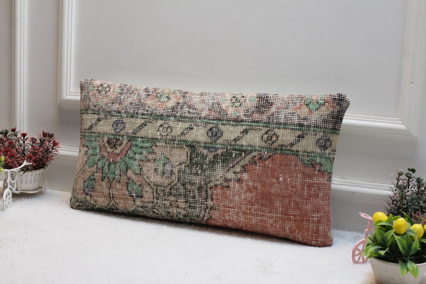 Handmade Kilim Lumbar Pillow Cover: Earth Tone Floral Rug Cushion (12x24)