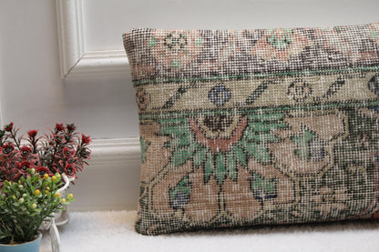 Handmade Kilim Lumbar Pillow Cover: Earth Tone Floral Rug Cushion (12x24)