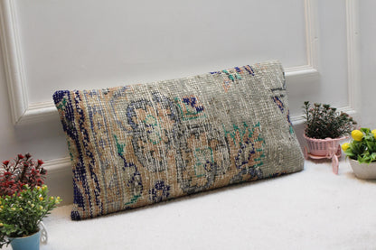 Handmade Turkish Rug Lumbar Pillow Cover: Faded Floral, 12x24