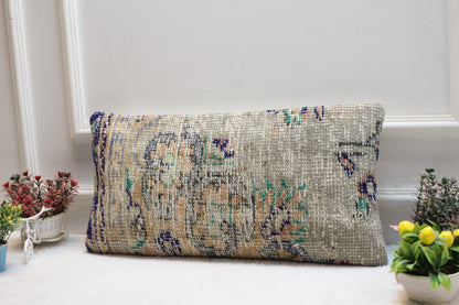 Handmade Turkish Rug Lumbar Pillow Cover: Faded Floral, 12x24