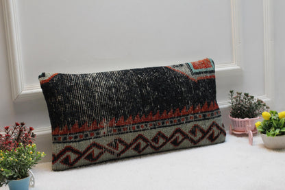 Handmade Kilim Lumbar Pillow Cover: Southwestern Tribal Rug, 12x24