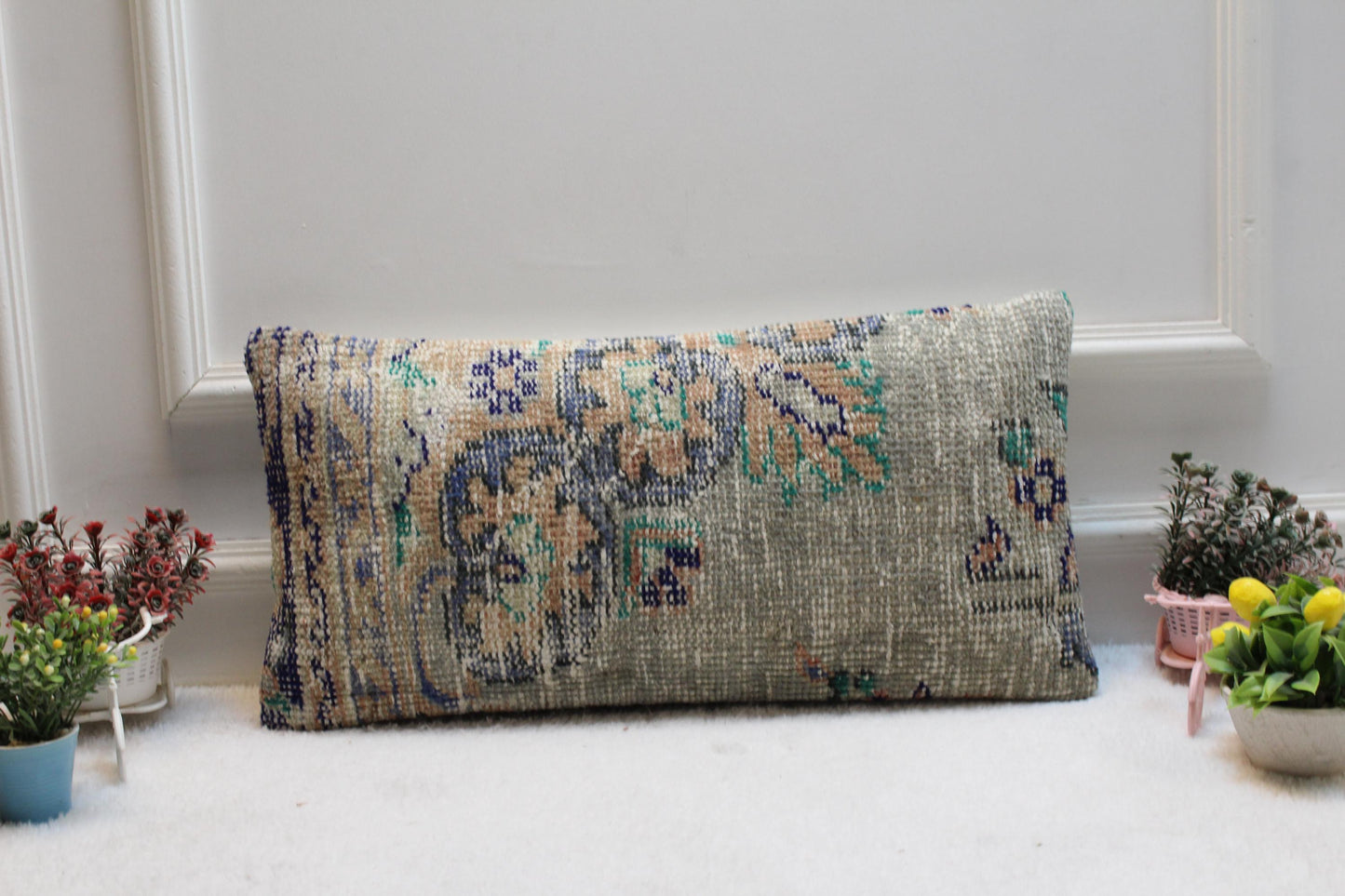 Neutral Lumbar Kilim Pillow Cover 12x24: Vintage Turkish Rug Cushion