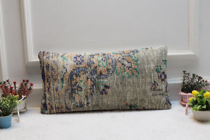 Neutral Lumbar Kilim Pillow Cover 12x24: Vintage Turkish Rug Cushion