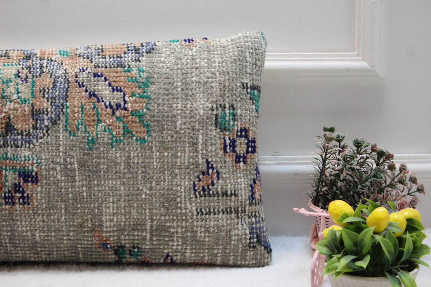 Neutral Lumbar Kilim Pillow Cover 12x24: Vintage Turkish Rug Cushion