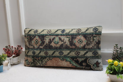 Vintage Turkish Kilim Lumbar Pillow: Faded Green Floral Cushion (12x24)