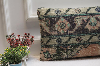 Vintage Turkish Kilim Lumbar Pillow: Faded Green Floral Cushion (12x24)