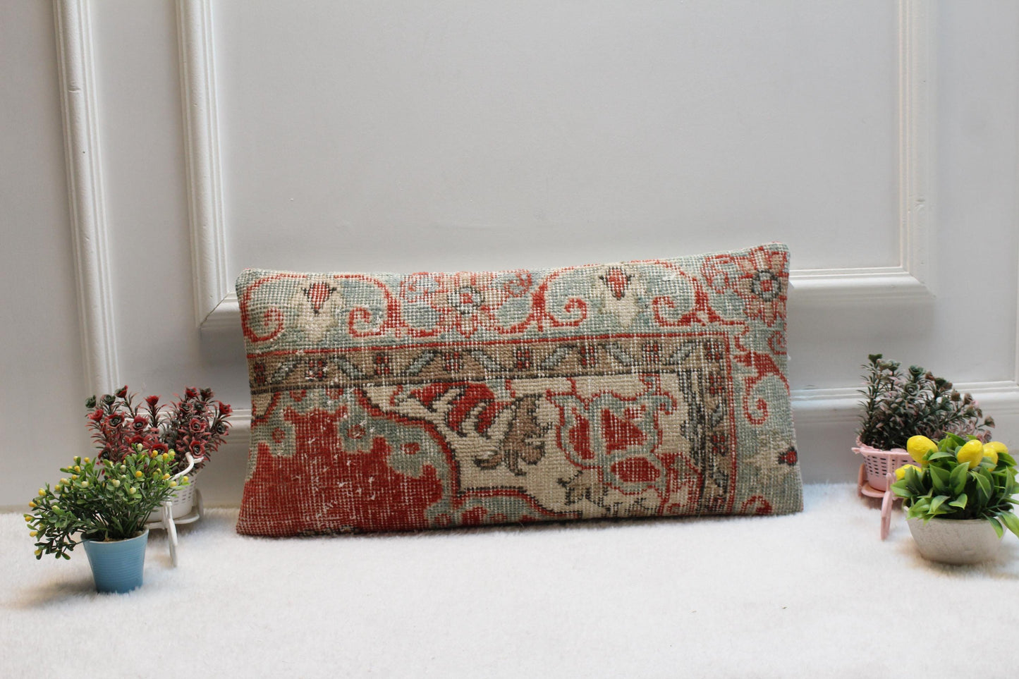 Handmade Kilim Lumbar Pillow Cover: Turkish Rug Cushion, Red & Mint (12x24)