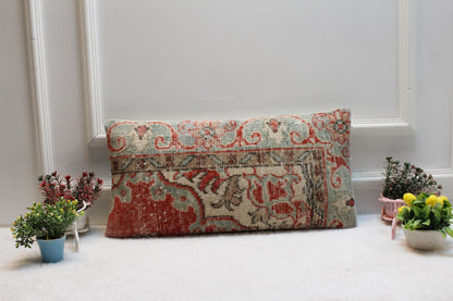 Handmade Kilim Lumbar Pillow Cover: Turkish Rug Cushion, Red & Mint (12x24)