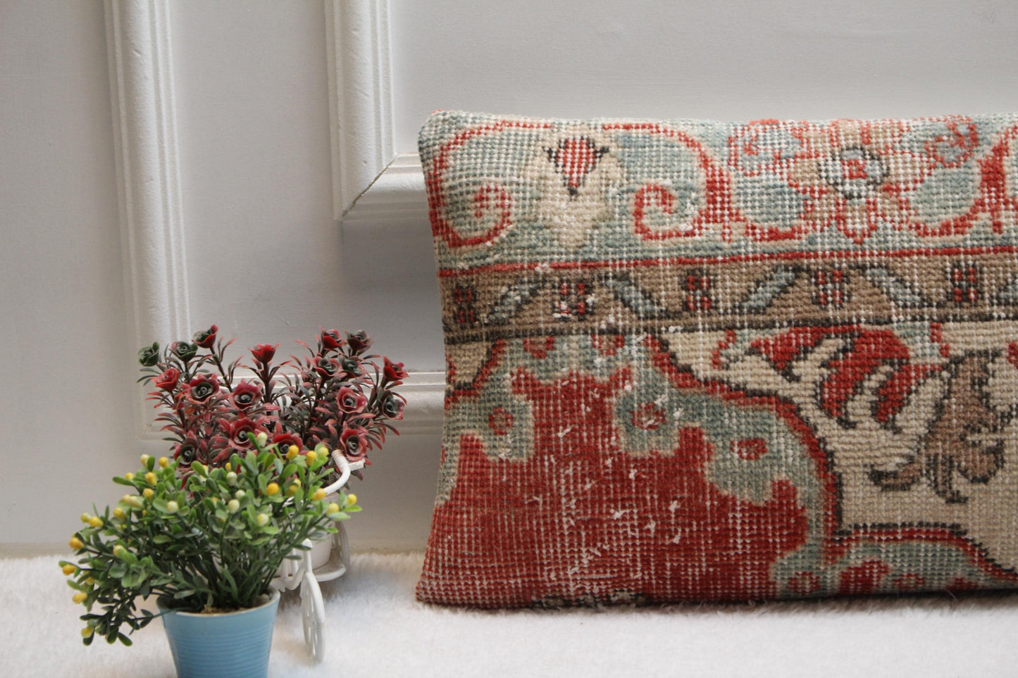 Handmade Kilim Lumbar Pillow Cover: Turkish Rug Cushion, Red & Mint (12x24)