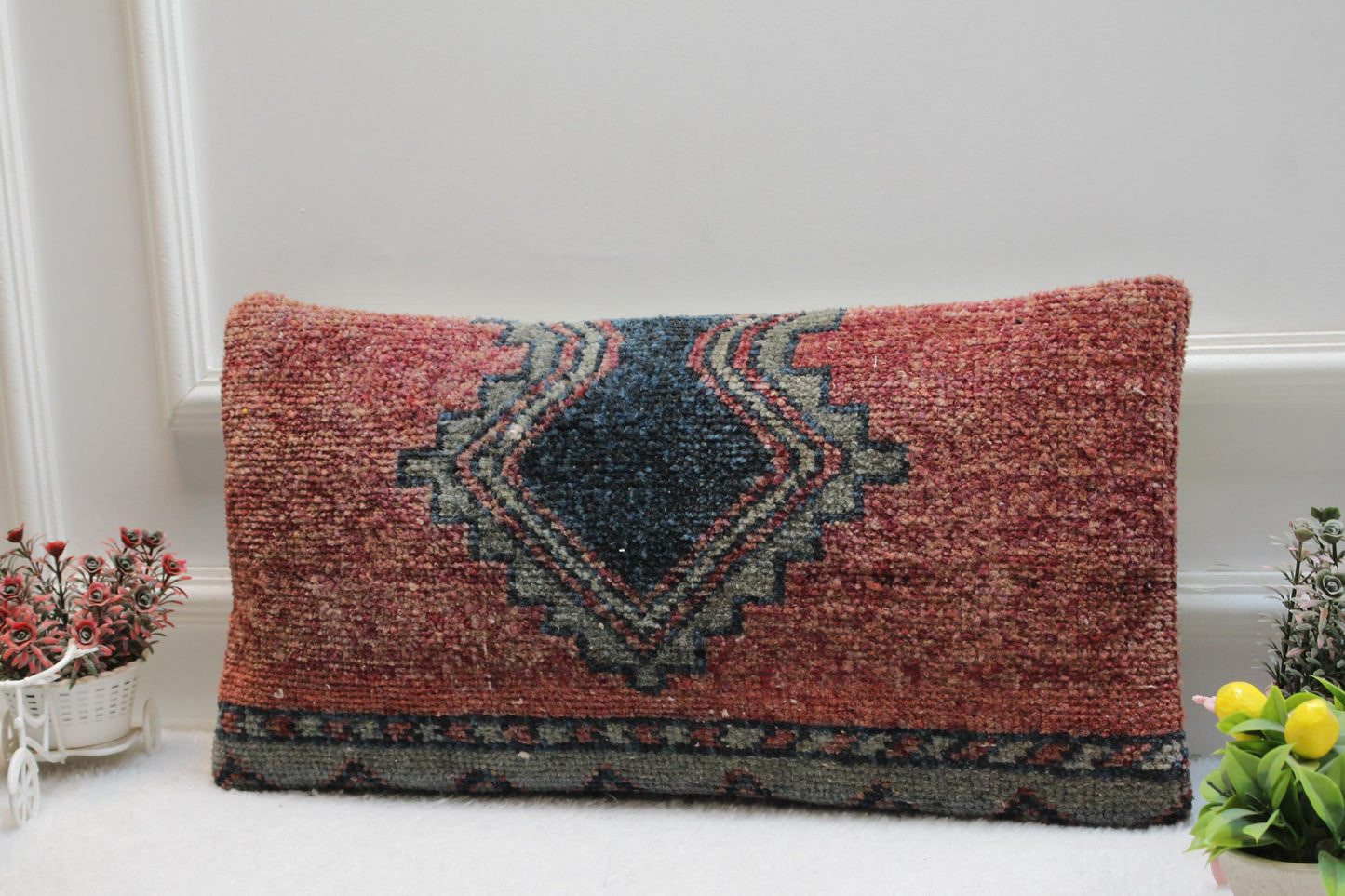 Handmade Turkish Rug Pillow Cover: Vintage Kilim Lumbar Pillow (12x24 in)