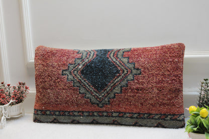 Handmade Turkish Rug Pillow Cover: Vintage Kilim Lumbar Pillow (12x24 in)