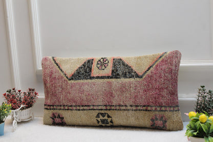 Vintage Turkish Rug Lumbar Pillow: Boho Kilim Cushion (12x24)