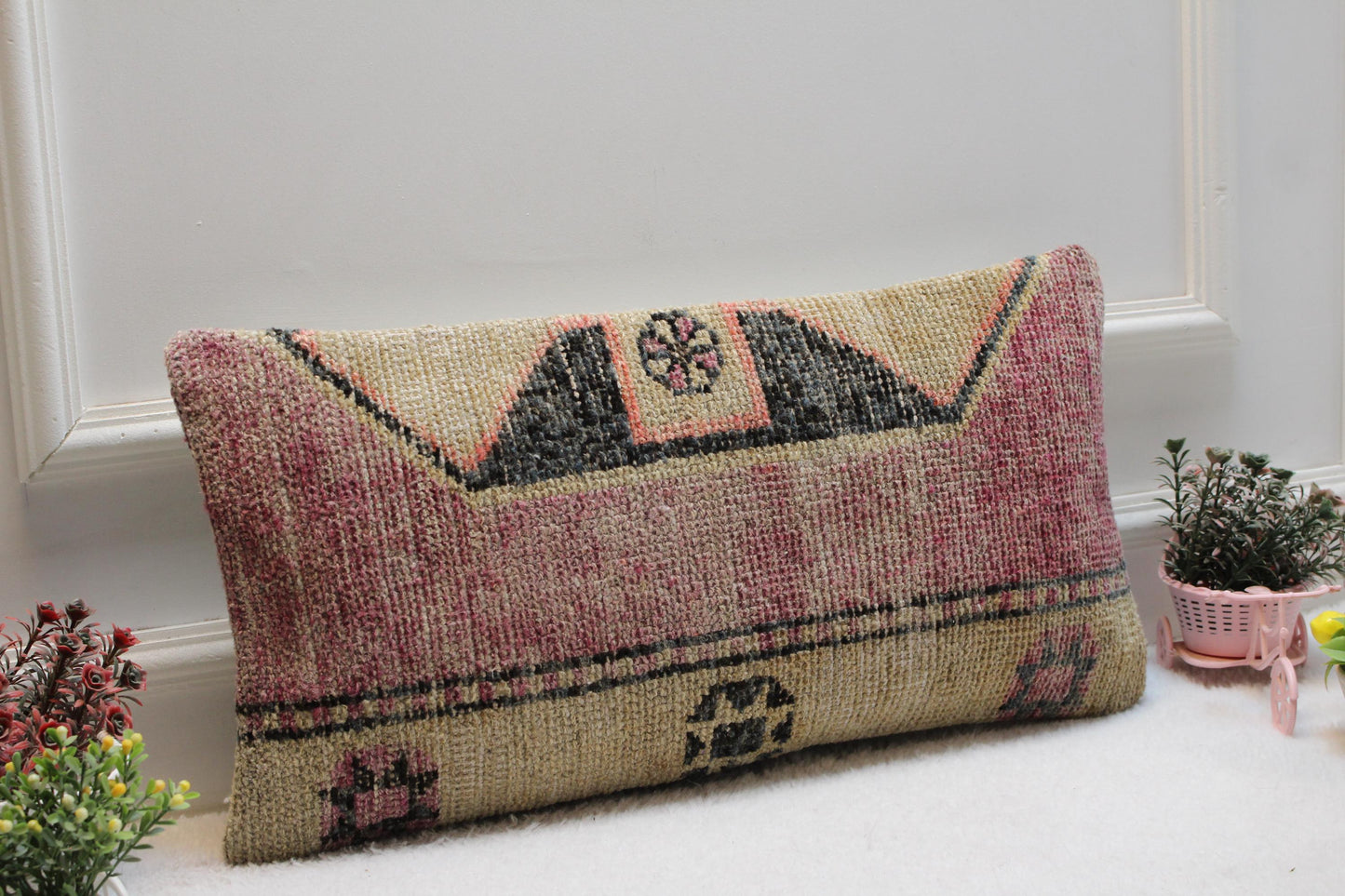 Vintage Turkish Rug Lumbar Pillow: Boho Kilim Cushion (12x24)