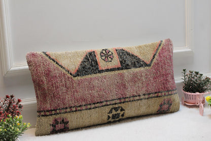 Vintage Turkish Rug Lumbar Pillow: Boho Kilim Cushion (12x24)
