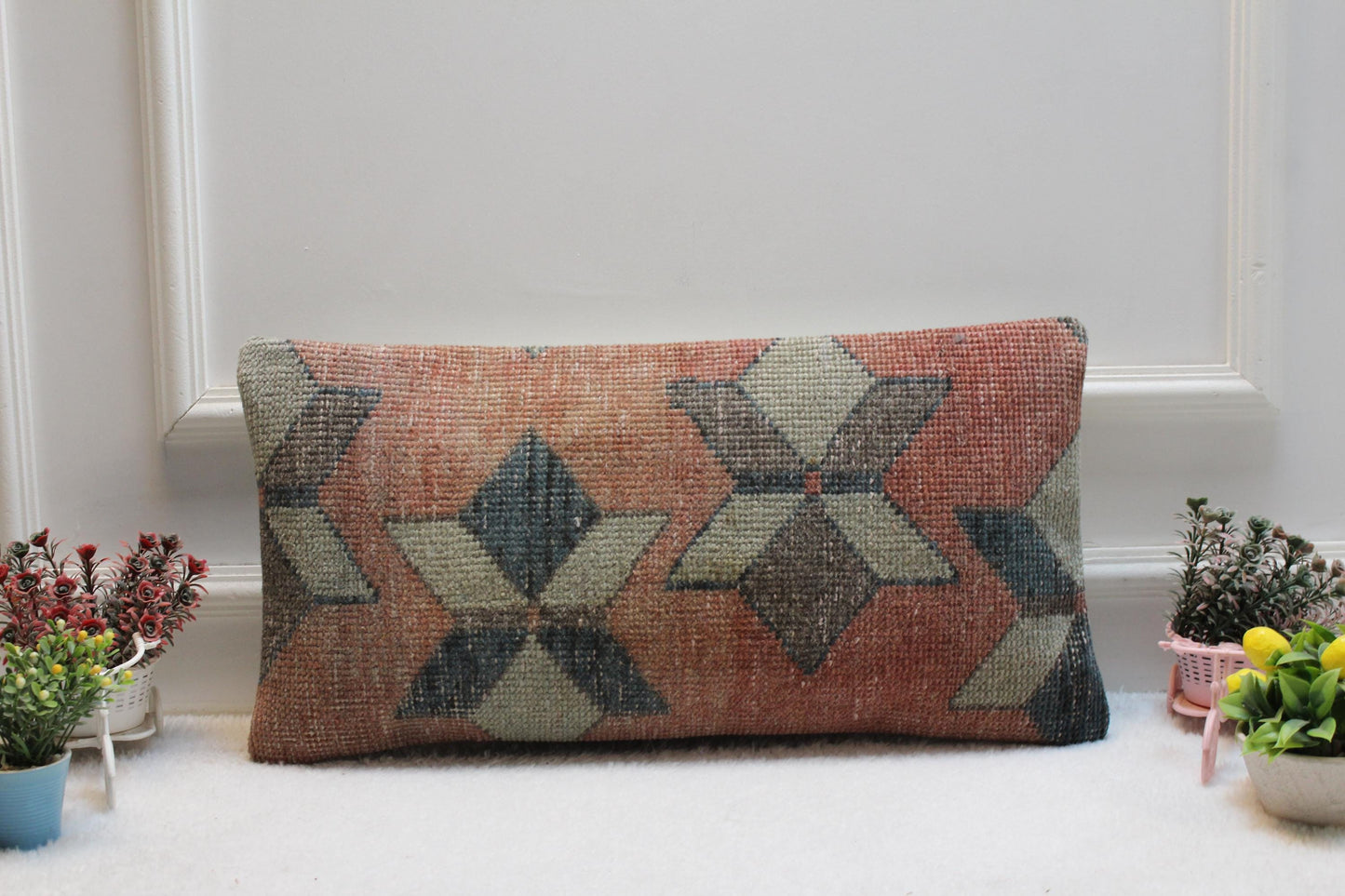 Handmade Kilim Lumbar Pillow Cover: Turkish Star Motif, 12x24 Boho Cushion