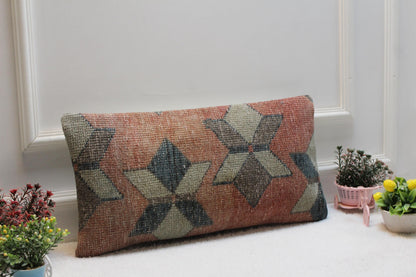 Handmade Kilim Lumbar Pillow Cover: Turkish Star Motif, 12x24 Boho Cushion