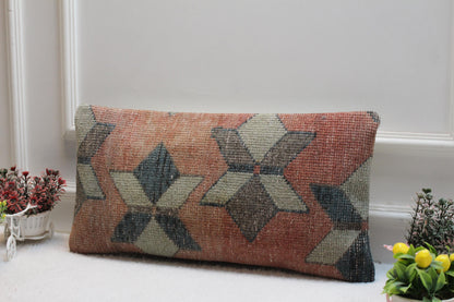 Handmade Kilim Lumbar Pillow Cover: Turkish Star Motif, 12x24 Boho Cushion