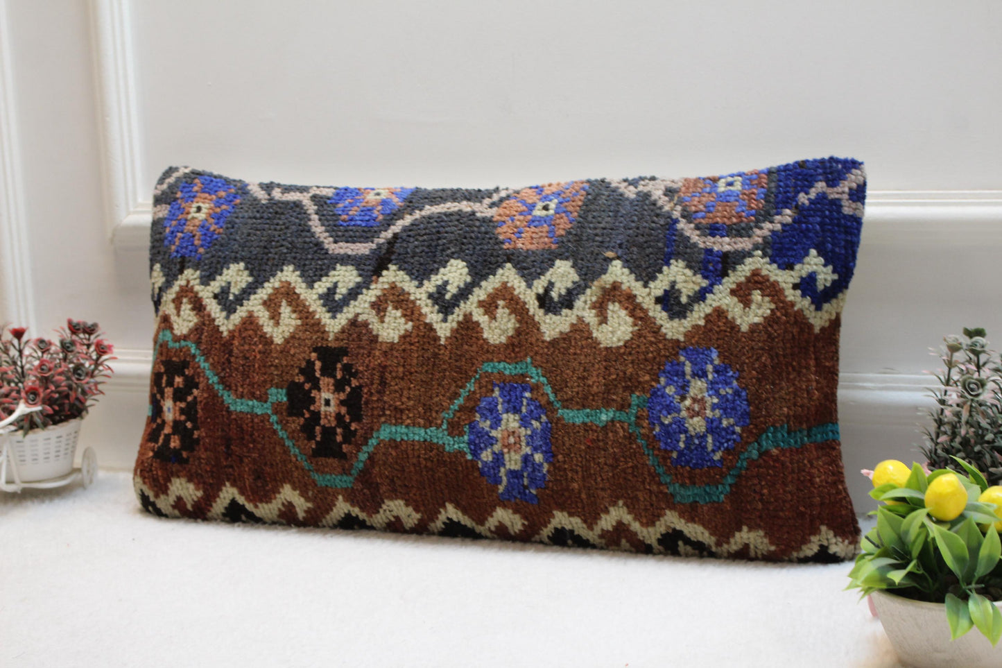Rustic Kilim Lumbar Pillow Cover: Turkish Rug Cushion 12x24