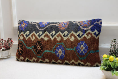 Rustic Kilim Lumbar Pillow Cover: Turkish Rug Cushion 12x24
