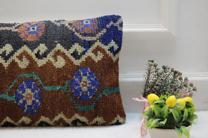 Rustic Kilim Lumbar Pillow Cover: Turkish Rug Cushion 12x24
