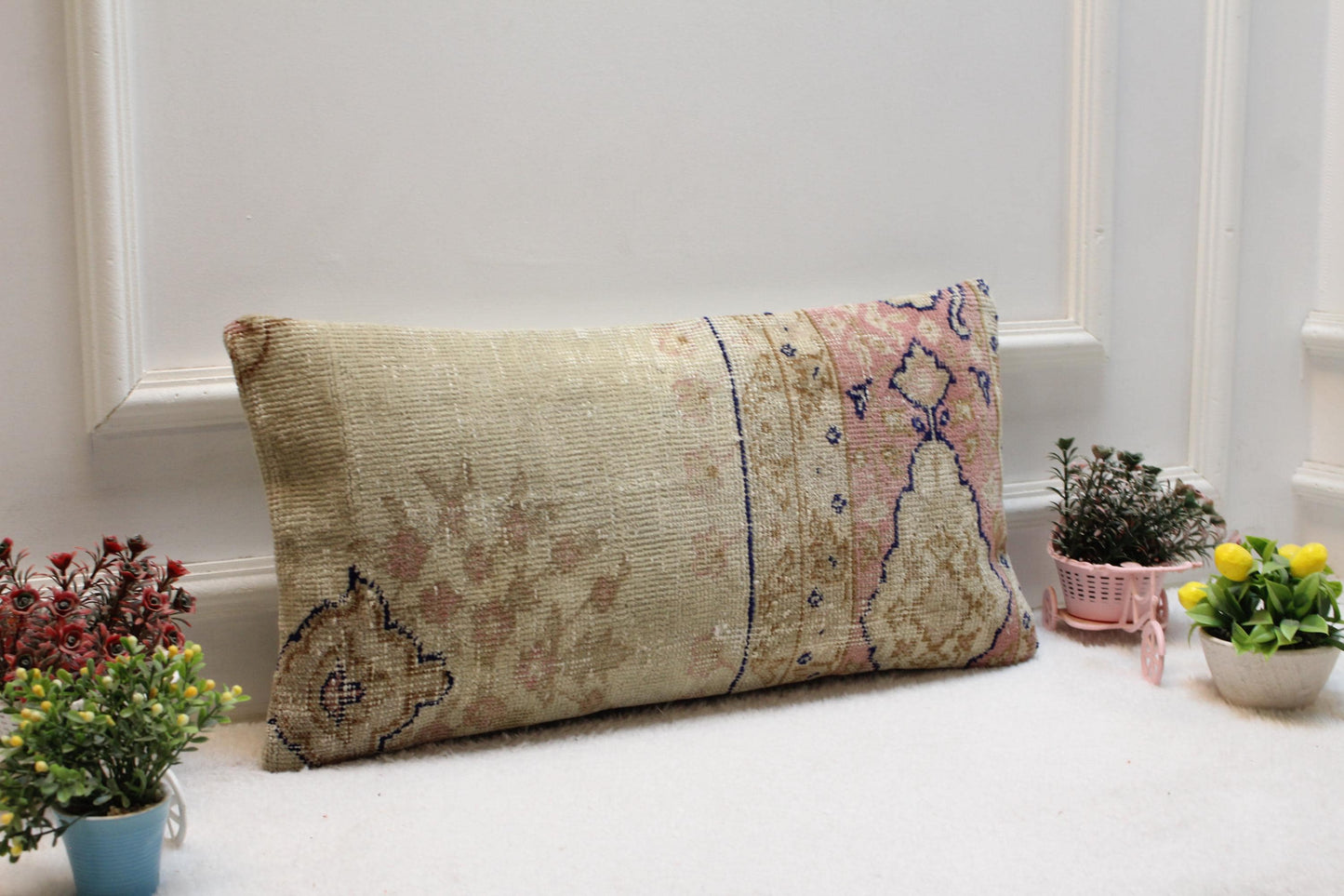 Handmade Turkish Kilim Pillow: Soft Tones Lumbar Cushion (12x24)