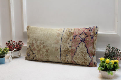 Handmade Turkish Kilim Pillow: Soft Tones Lumbar Cushion (12x24)