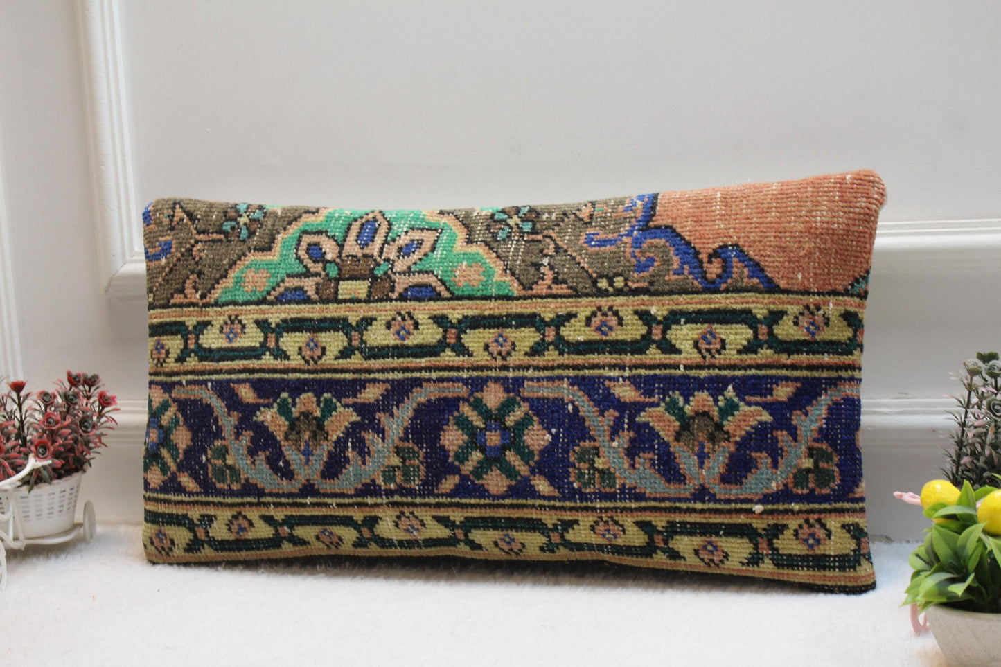Handmade Turkish Kilim Lumbar Pillow Cover: Bohemian Sofa Cushion 12x24