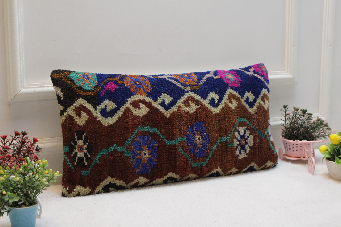 Handwoven Kilim Lumbar Pillow Cover: Turkish Boho Decor (12x24)