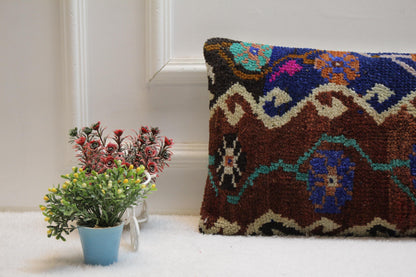 Handwoven Kilim Lumbar Pillow Cover: Turkish Boho Decor (12x24)