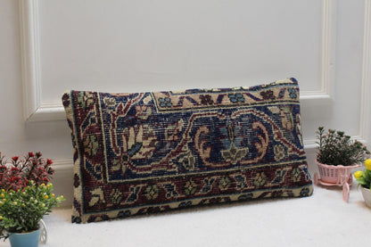 Floral Kilim Lumbar Pillow Cover: Vintage Turkish Rug, 12x24 inch