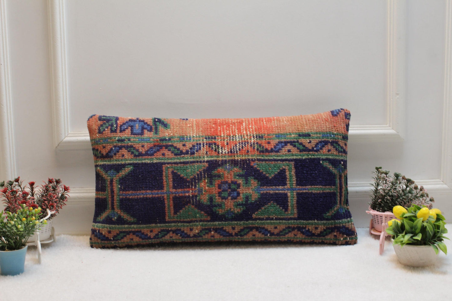 Handmade Kilim Lumbar Pillow Cover: Orange Vintage Rug Pillow (12x24 in)