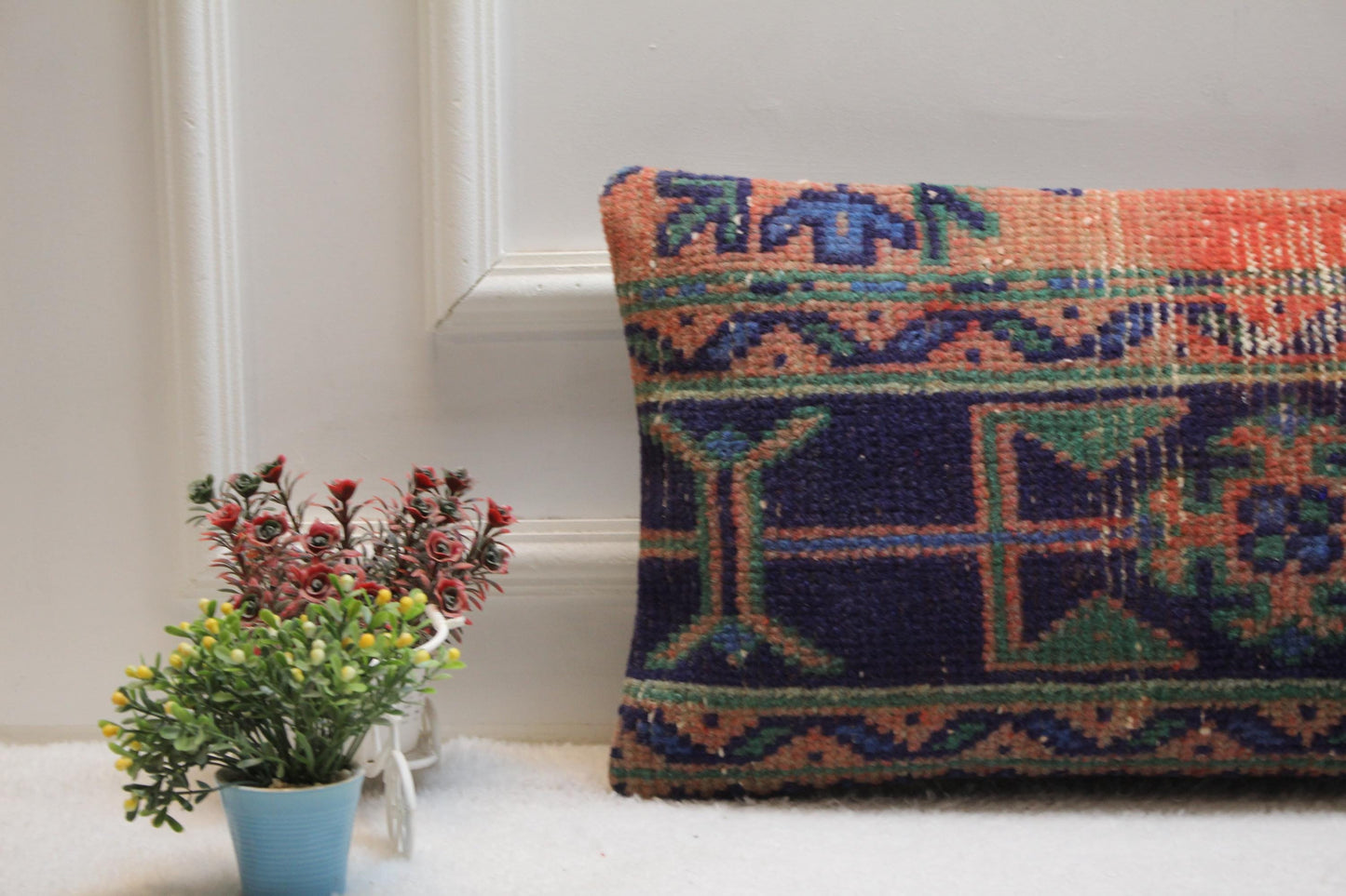 Handmade Kilim Lumbar Pillow Cover: Orange Vintage Rug Pillow (12x24 in)