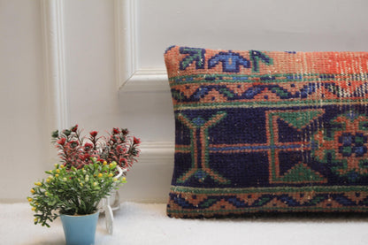 Handmade Kilim Lumbar Pillow Cover: Orange Vintage Rug Pillow (12x24 in)