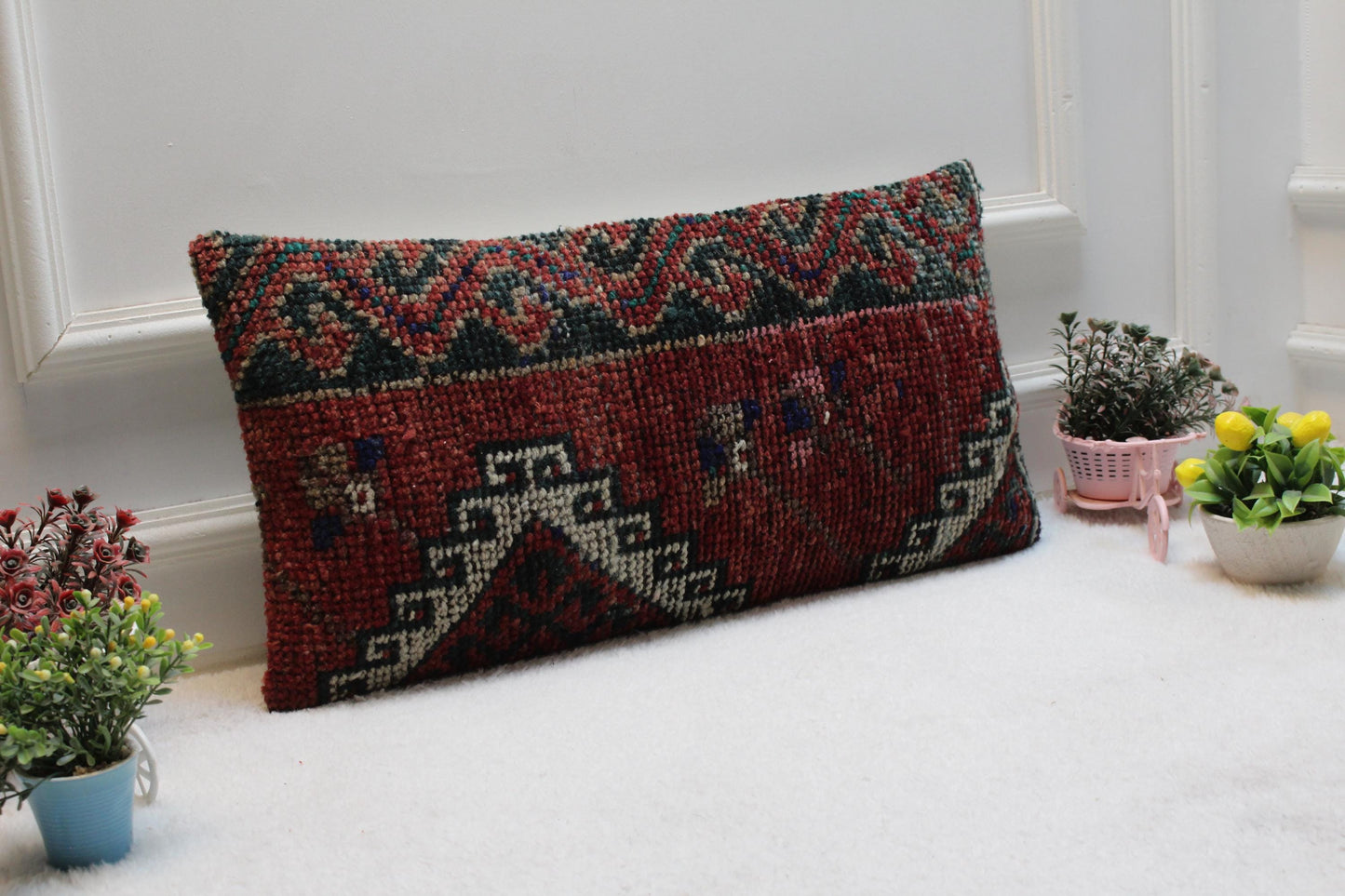 Red Kilim Lumbar Pillow Cover: Striped Woven Rug Design, 12x24 inc