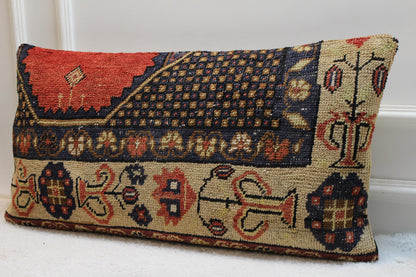 Handmade Wool Lumbar Pillow Cover: Vintage Turkish Rug, 16x32 inch
