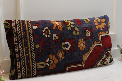 Floral Turkish Rug Lumbar Pillow Cover: Handmade Kilim Pillow Case (16x32 in)